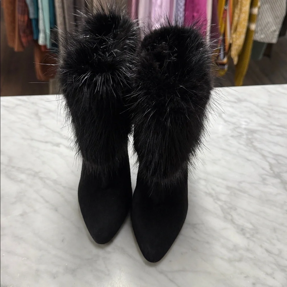 Prada Fur Trim Stiletto Heel Pointed Toe Bootie Size 38